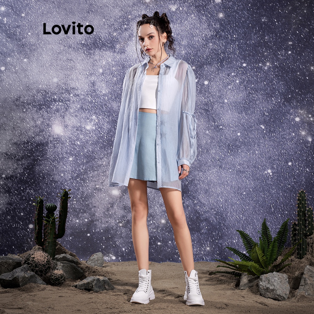 Lovito STAR GIRL Nút rút trơn thông thường Áo Blouse nữ L32AE045 (Xanh nhạt)
