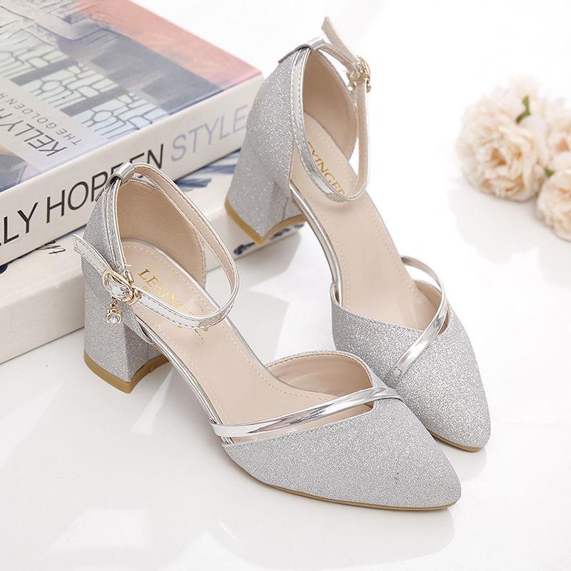 Giày cao gót nữ đẹp đế vuông 5 phân hàng hiệu JH hai màu trắng vàng da mềm