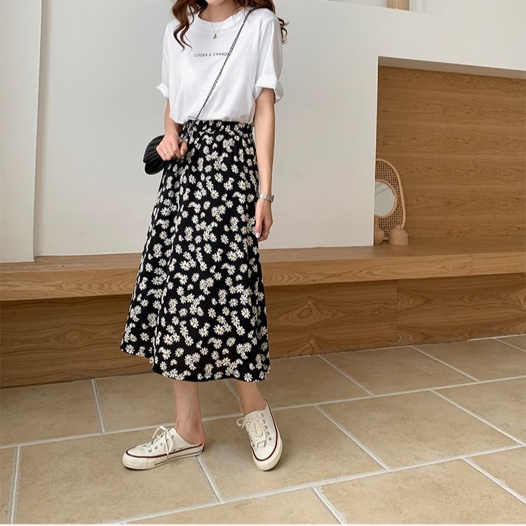 A-Line Skirt Floral Skirt Skirt Women's Summer Mid-Length High Waist Slimming Chiffon  A Fairy Dress D147 | BigBuy360 - bigbuy360.vn