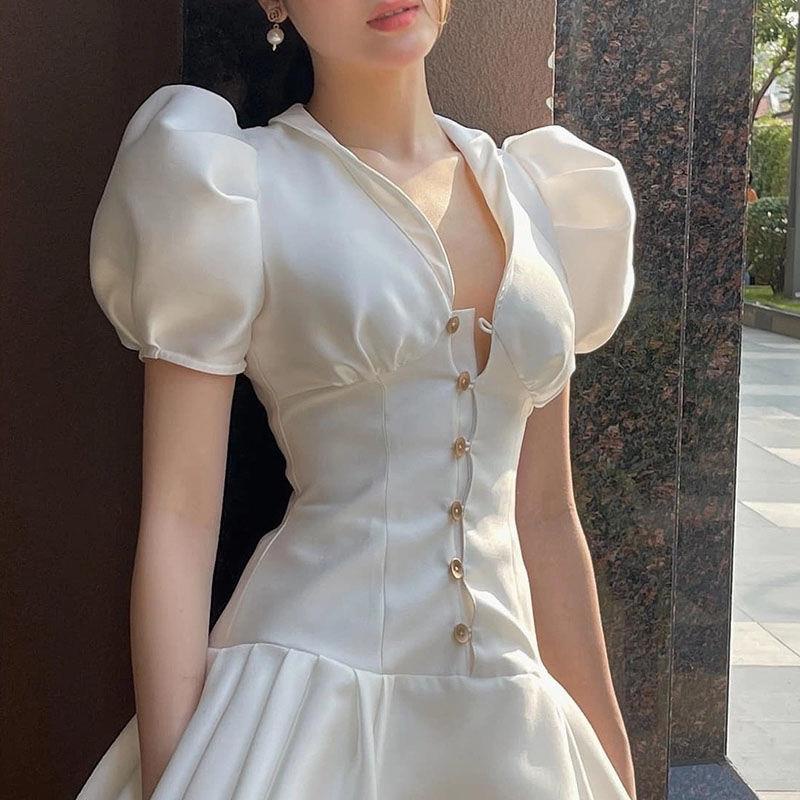 Đầm Chữ a Tay Phồng Ngắn Phong Cách Pháp Thời Trang Mùa Hè Hàng Mới 2022 Dành Cho Bạn Nữ