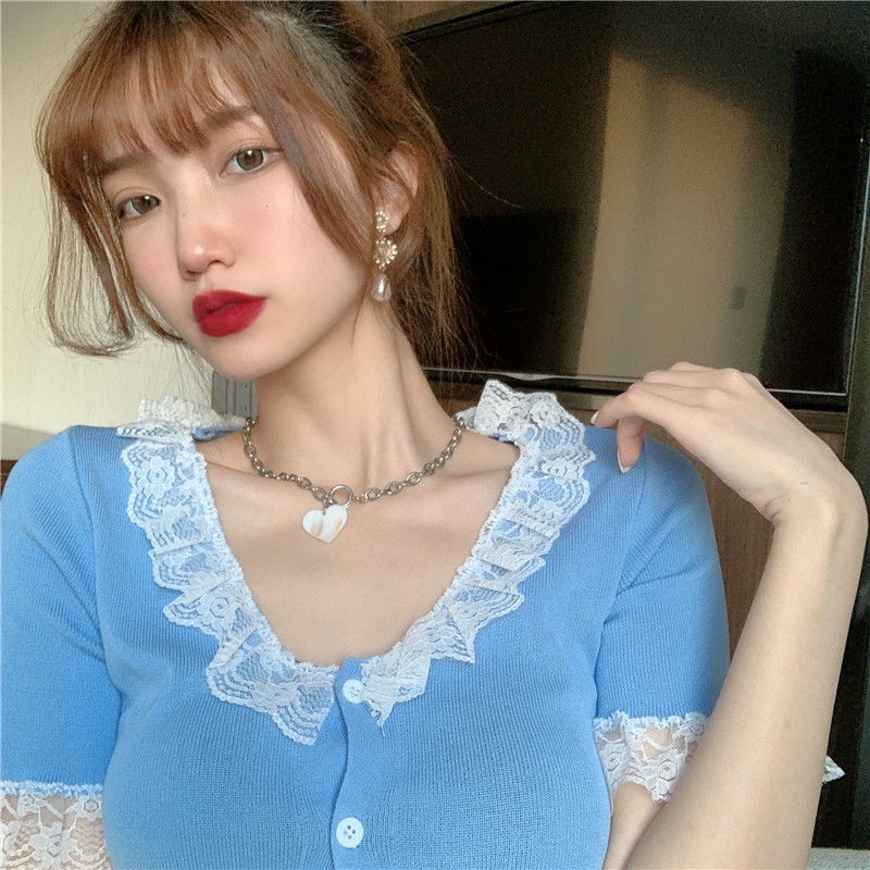 Áo Cardigan Dệt Kim Tay Ngắn Dáng Ôm Phối Ren Mỏng Lưng Cao Thời Trang Mùa Hè Phong Cách Hàn Quốc Cho Nữ