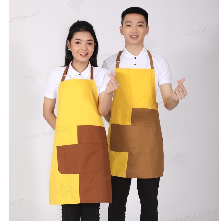 Tạp dề phục vụ nam nữ màu vàng phối nâu chất liệu kaki cotton thiết kế DONGPHUCBONMUAOFFICIAL