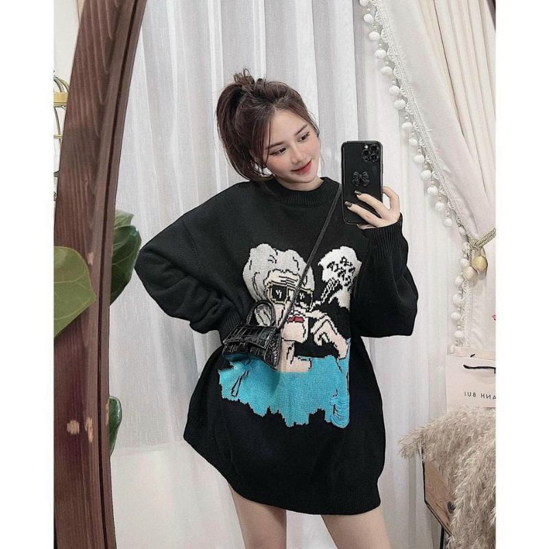 Áo Hoodie Nữ Ms.6880 Áo Dáng Suông Rộng Chùm Mông Tone Đen In Họa Tiết Hoạt Hình, Chất Nỉ Bông Dày Dặn
