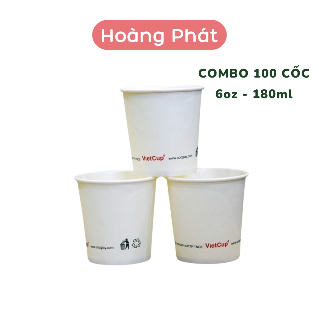 Ly Giấy, Cốc Giấy VietCup 6oz - 180 mL Dùng 1 Lần Combo 50 Cốc, 100 Cốc, Cao Cấp, Thân Thiện Với Môi Trường Hoàng Phát