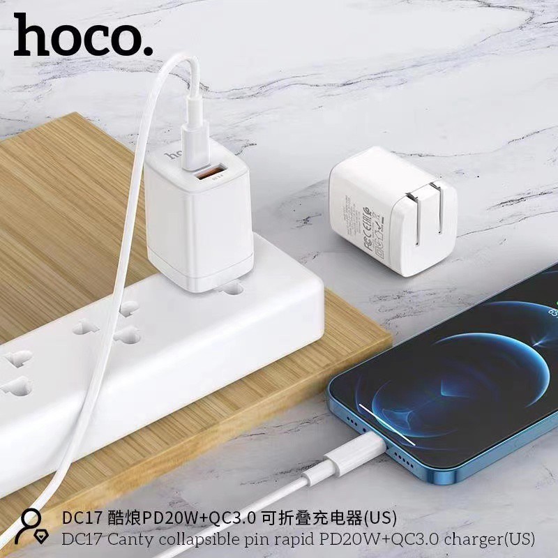 Cốc sạc 2 cổng chân dẹt gấp Hoco DC17 hỗ trợ USB QC 3.0 và TypeC PD 20W (Trắng) - Nhất Tín Computer