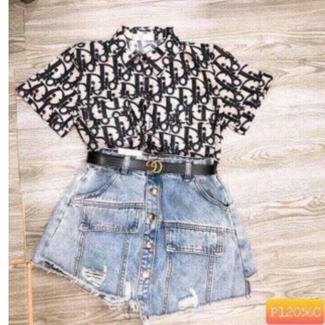 Áo sơ mi tay ngắn họa tiết chất vải kate