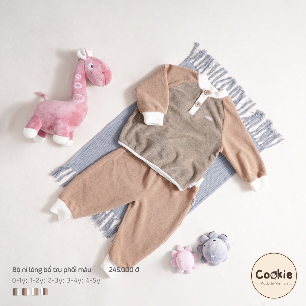 Bộ nỉ lông bổ trụ phối màu cookie dành cho bé trai bé gái thời trang thu đông ấm áp cao cấp
