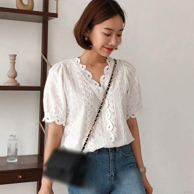 Áo Kiểu Tay Ngắn Cổ Chữ V Phong Cách Hàn Quốc Dành Cho Nữ