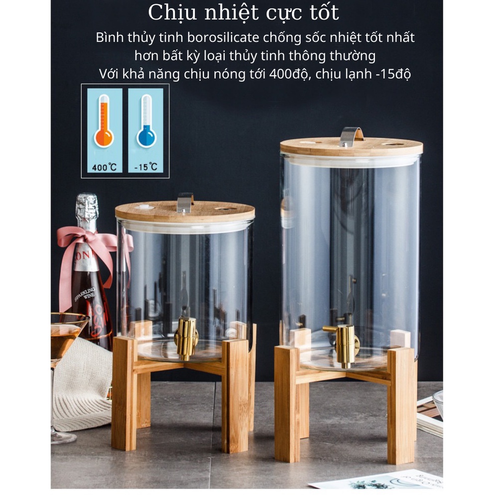 Bình thủy tinh[VIDEO SHOP TỰ QUAY] ♥️𝑪𝑨𝑶 𝑪𝑨̂́𝑷♥️ Bình thủy tinh BOROSILICATE kèm kệ gỗ có vòi vặn tiện lợi