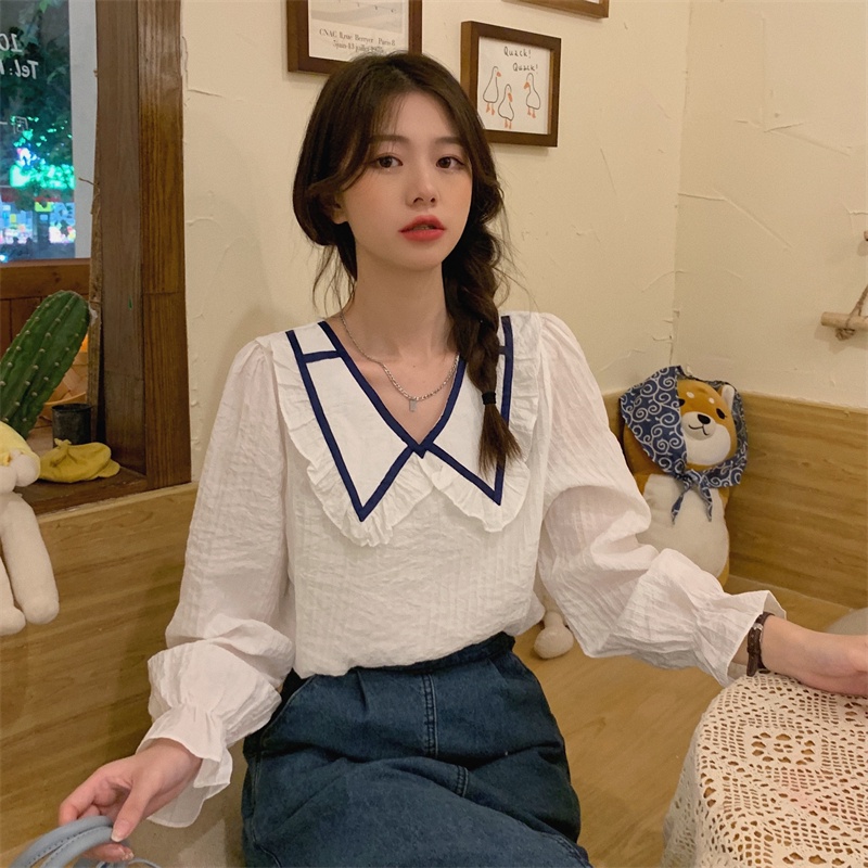 Áo kiểu IELGY tay dài dáng rộng màu sắc tương phản phong cách ngọt ngào dành cho nữ