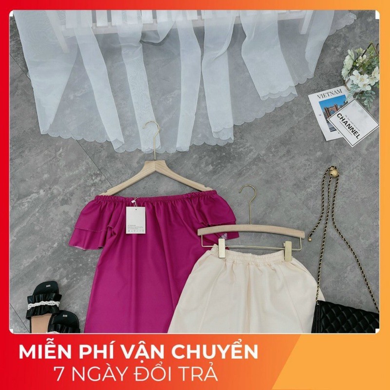 Sét Áo Trễ Vai Bèo Xuông Mix Quần Sooc Đùi Giả Váy  Chất áo von lụa mềm đep Hàng may kỹ