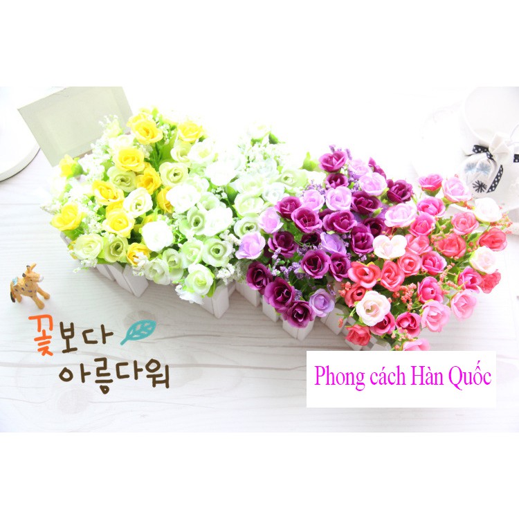 Hoa giả trang trí để bàn KHALIK, giỏ hoa hồng - hàng rào HF008