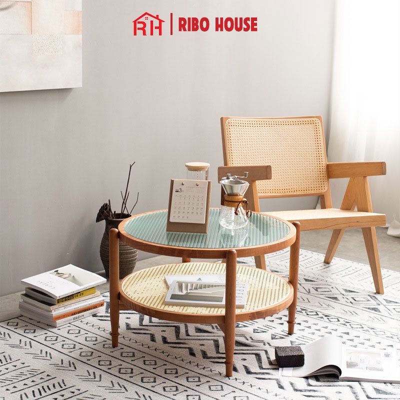 Bàn uống nước mặt kính RIBO HOUSE khung viền gồi sồi bàn trà 2 tầng trang trí phòng khách RIBO203