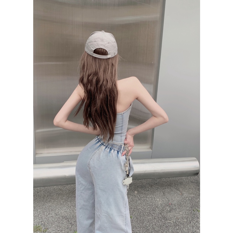 Set áo ống jeans xanh croptop cúp ngực hở vai lưng sexy + quần dài cao eo thun chân ống rộng ulzzang sang trọng