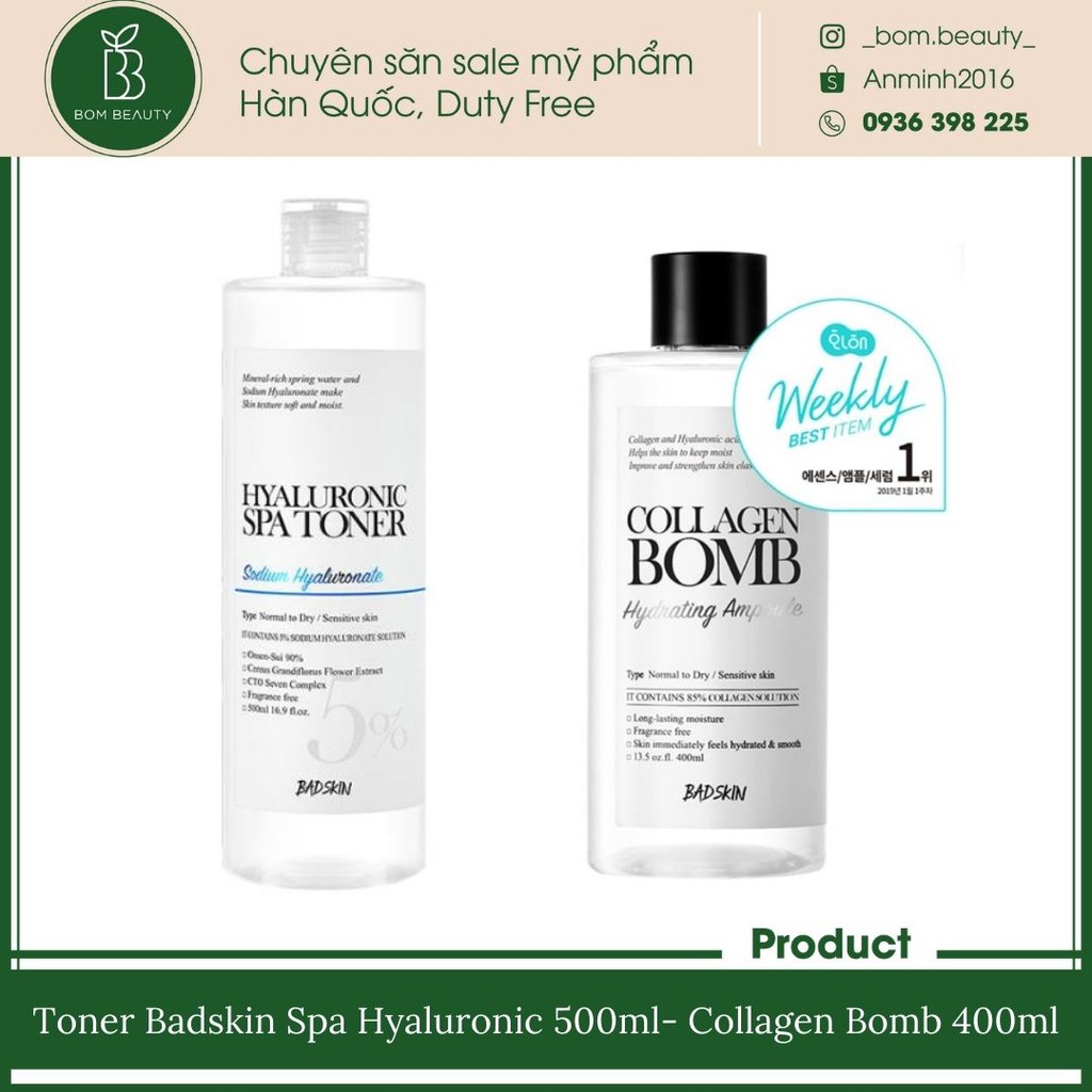 Nước hoa hồng Toner Badskin Hyaluronic Spa Toner &amp; Collegen Bomb Ampoule