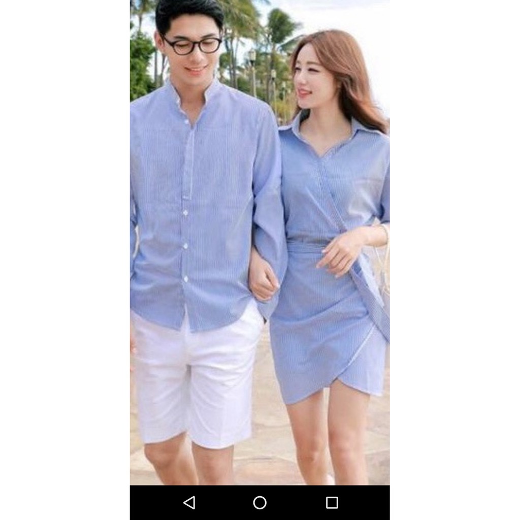 áo cặp-set đôi nam nữ thời trang gồm sơ mi nam với đầm nữ xanh biển cực đẹp