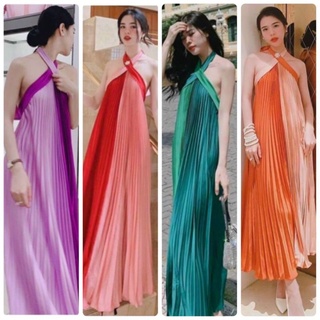 Đầm maxi phối màu cổ yếm- 4 màu siêu xinh