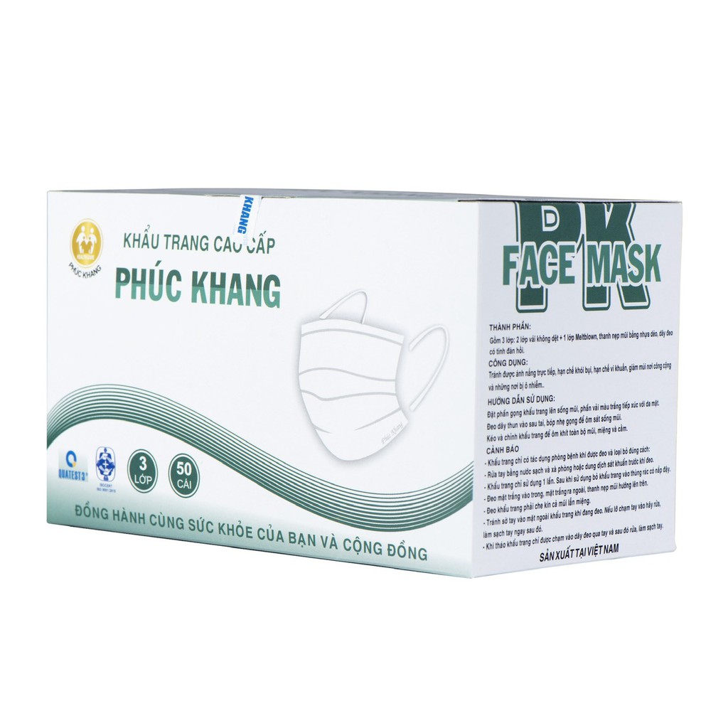 Khẩu trang y tế cao cấp Phúc Khang,có giấy lọc kháng khuẩn ( Hộp 50 cái)