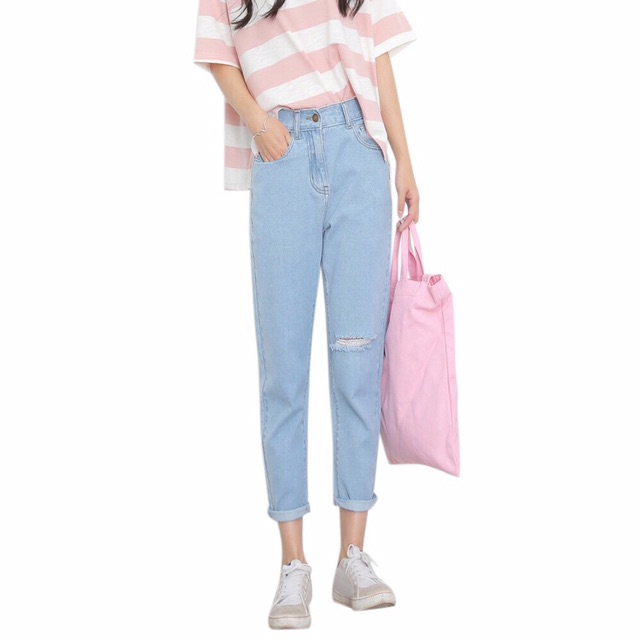 [Size 55-93kg] Quần Baggy Cotton Rách 1 Gối, Lưng Cao Trên Rốn Tôn Dáng