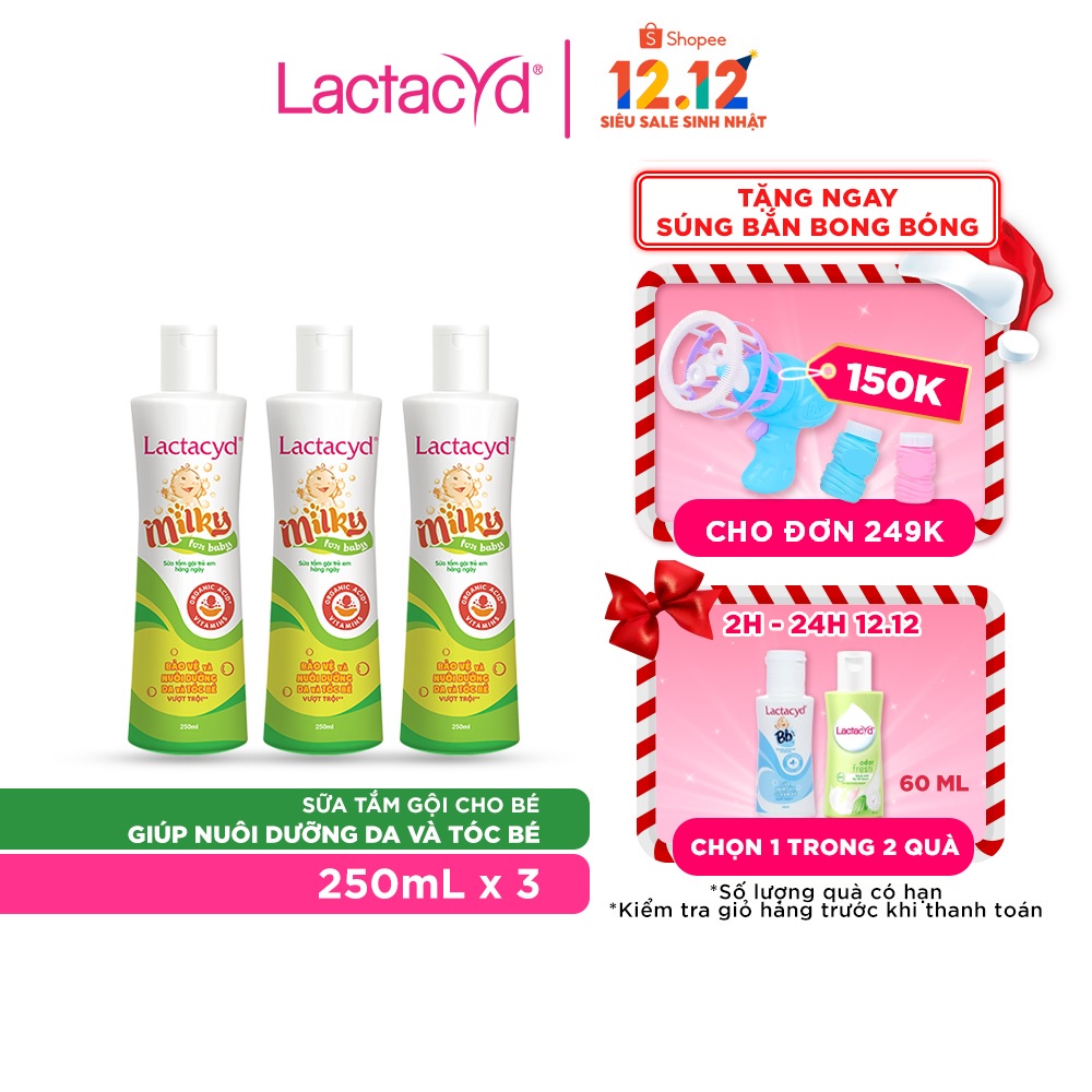 Bộ 3 chai Sữa Tắm Gội Trẻ Em Lactacyd Baby Extra Milky Làm Sạch Dịu Nhẹ và Dưỡng Ẩm Vượt Trội 250ml/chai