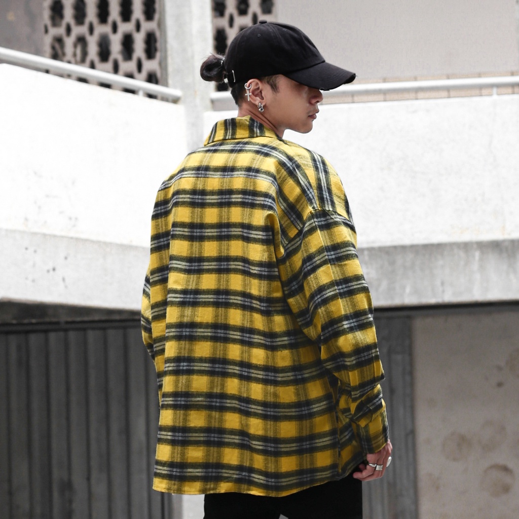 Áo Sơ Mi Flannel Màu Vàng Sọc Đen Form Rộng Thoải Mái Chất Liệu Cotton Thoáng Mát