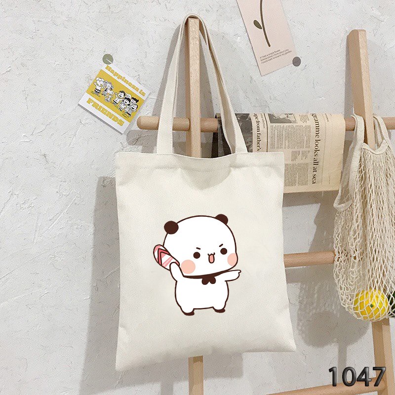 TÚI TOTE TRẮNG CHẤT VẢI CANVAS 1047 GẤU COI CHỪNG TUI DỄ THƯƠNG HÀNG CHUẨN ĐẸP