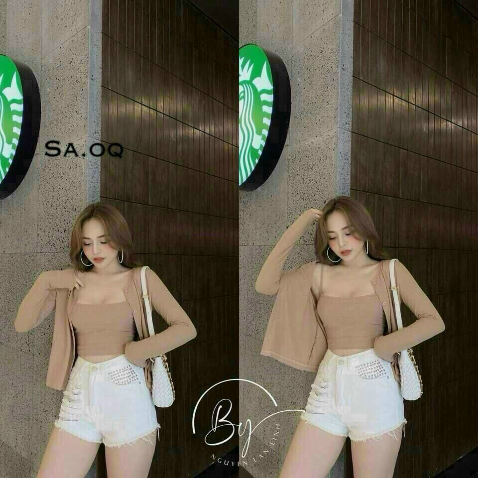 [Miễn phí ship 2022 ] Set áo 2 dây kèm áo khoác cadigan thun gân