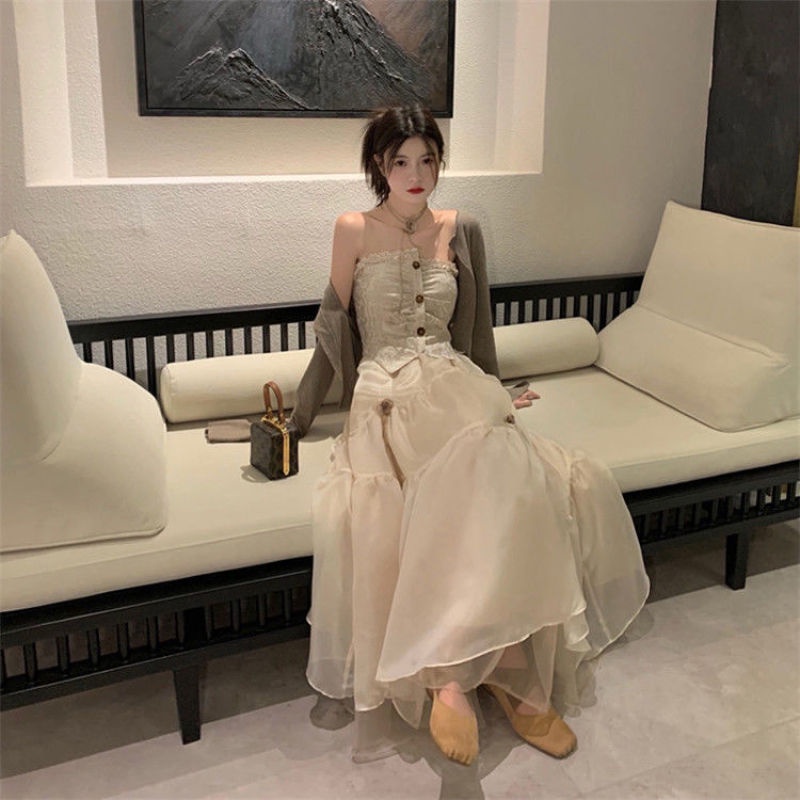 Đầm Dài Phối Lưới Phong Cách Hàn Quốc Cổ Điển Thời Trang Cho Nữ