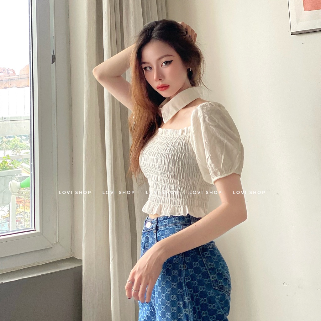 Áo croptop kiểu nhún cổ sơ mi rời nhiều màu Lovi
