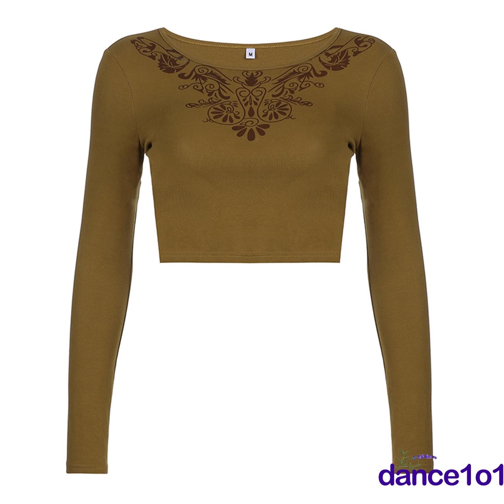 Áo croptop tay dài cổ tròn in họa tiết hoa xinh xắn cho nữ