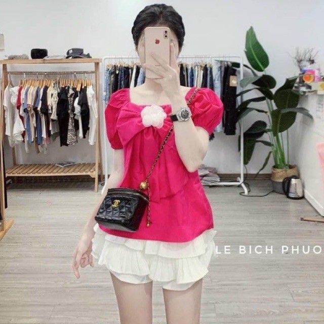 Áo thô trơn tay bồng cổ vuông đính nơ hoa ngực siêu xinh L1