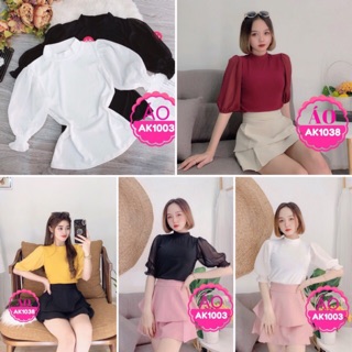 Áo kiểu thun gân cổ trụ tay voan ẢNH CHỤP THẬT 100%