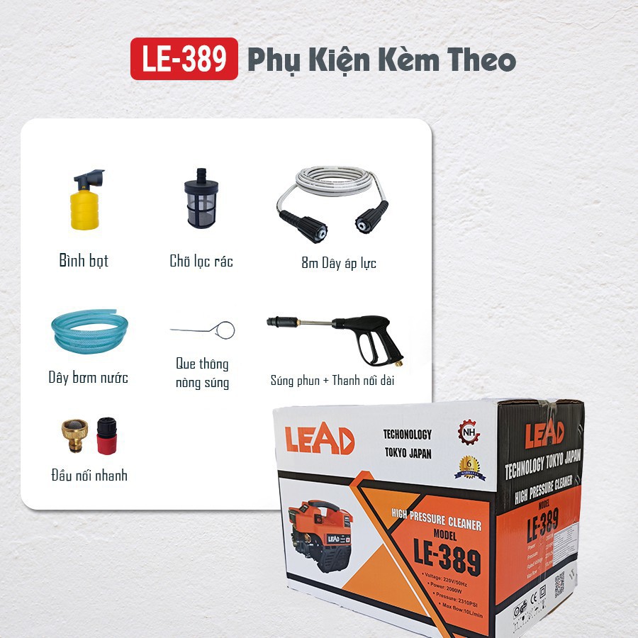 Máy rửa xe gia đình mini LEAD LE389 máy phun áp lực cao áp Công suất 2000w, Công nghệ Nhật