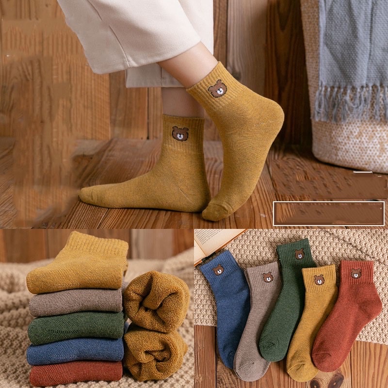 Tất cổ cao nam nữ vớ ulzzang vintage gấu brown thêu dệt kim siêu mềm mịn - thấm hút mồ hôi
