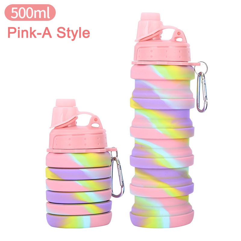 Bình Nước Silicone 500ML Màu Trơn Họa Tiết Rằn Ri Có Thể Gấp Gọn Tiện Dụng Mang Theo Du Lịch