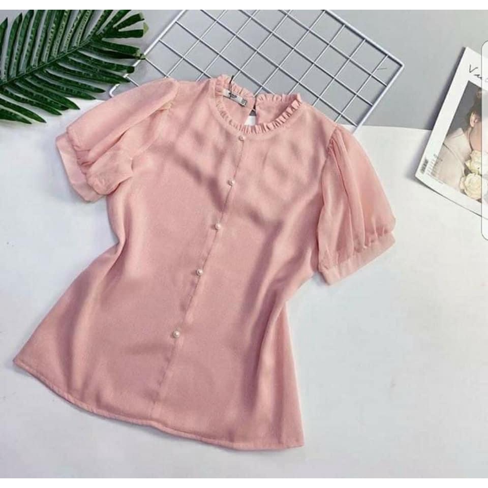 Áo sơ mi tay bồng Gloria Shop, Áo kiểu nữ cổ xếp ly đính cúc ngọc thời trang chất vải mềm mịn Hồng + Xanh SMK15