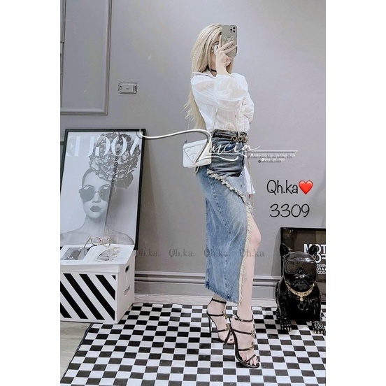 CHÂN VÁY BÒ DÀI XẺ RÁCH KÈM BELT XÍCH GG HÀNG QCL1 MS30017