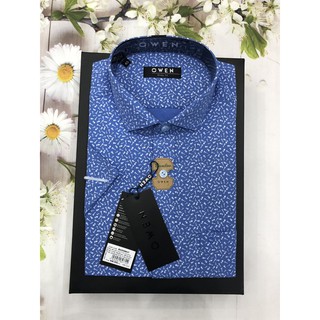 (OWEN SALE) ÁO SƠ MI CỘC TAY CAO CẤP BA20586 XANH BLUE HỌA TIẾT