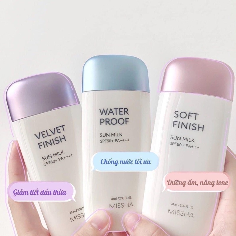 Kem Chống Nắng Missha Soft finish hồng - tím Velvet finish - xanh Waterproof - Around SPF50+PA+