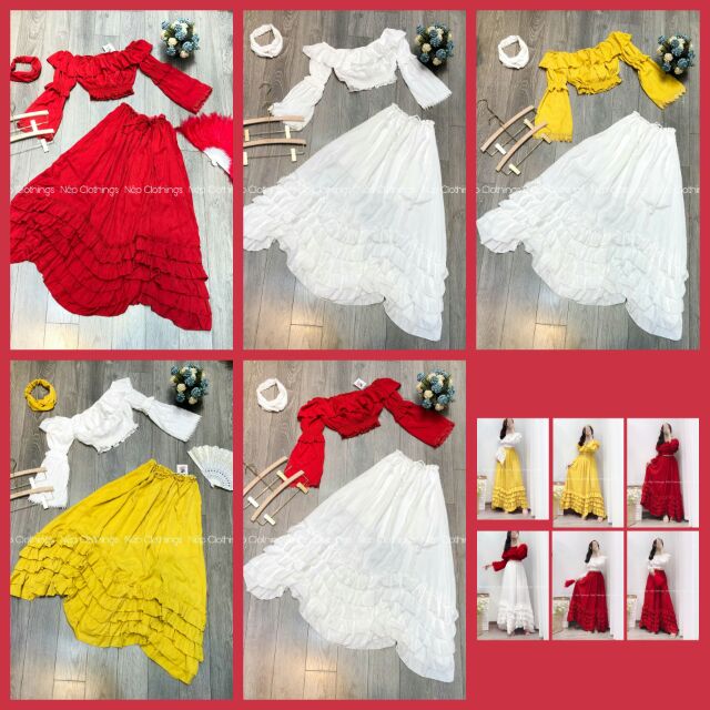 Sét áo váy boho đỏ/ sét áo maxi trễ vai chân váy xòe boho đi biển | BigBuy360 - bigbuy360.vn