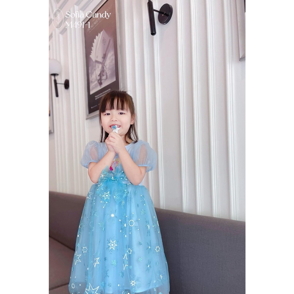 Váy công chúa esla, đầm elsa thiết kế 3 lớp tay bồng thun cotton xược phối voan 2 màu hồng xanh