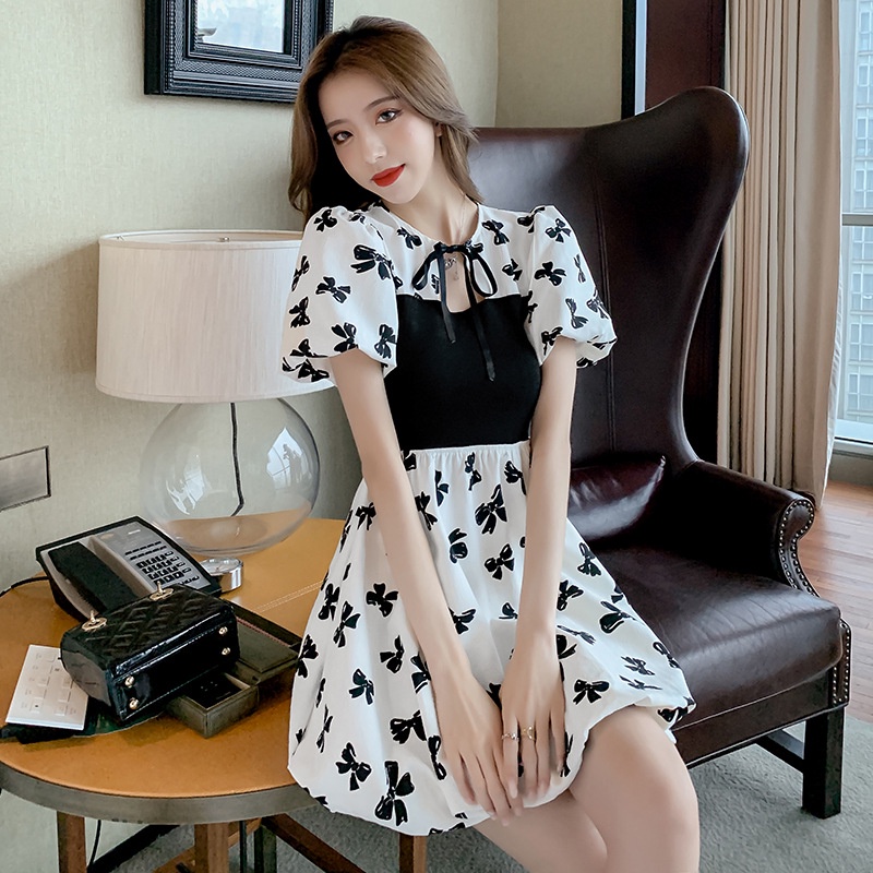 IELGY   Đầm Tay Ngắn Chiết Eo Phối Nơ Phong Cách Pháp Thời Trang Mùa Hè Xinh Xắn Cho Nữ