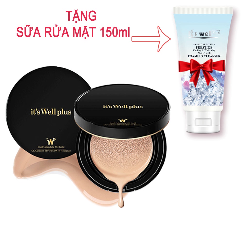 Kem phấn nước mềm mượt và dưỡng trắng da CC Cushion Gold It's Well Plus SPF 50+/PA+++ (Tặng 01 Sữa rửa mặt 150 ml)