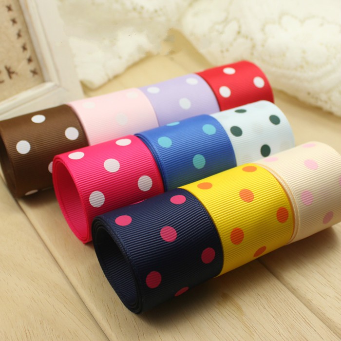 RUY BĂNG GÂN 38MM HỌA TIẾT CHẤM BI BA CHẤM HT38-005 RUY BĂNG DIY HANDMADE LÀM NƠ BỜM KẸP TÓC