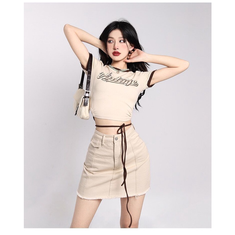 y2k American style hot girl top lace-up design feeling fried street short sleeve ins sweet cool tight polo collar out-of-waist T-shirt women's k0s9