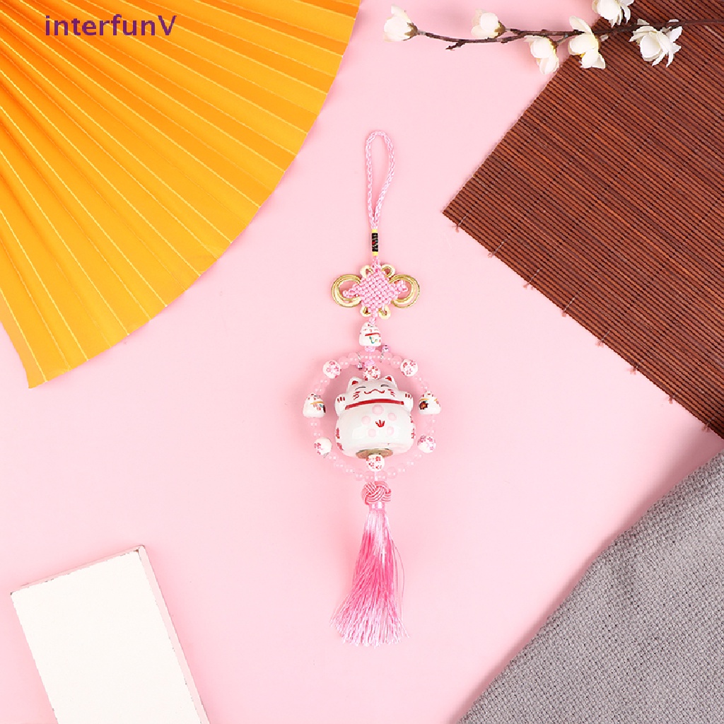 Mặt Dây Chuyền Gốm Sứ Hình Mèo May Mắn Nhật Bản Phối Tua Rua Dài Gắn Gương Chiếu Hậu Xe Hơi [Mới