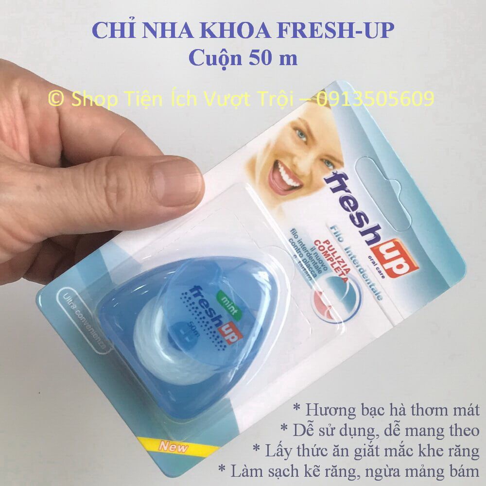 Chỉ nha khoa Fresh Up, thương hiệu Italy, hương vị bạc hà, 50 m, làm sạch khe kẽ răng, giắt thức ăn - Tiện Ích Vượt Trội