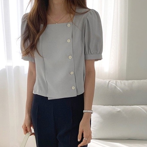 SUXI Áo Sơ Mi Tay Ngắn Cổ Vuông Màu Sắc Đơn Giản Phong Cách Hàn Quốc Thời Trang Mùa Hè Cho Nữ