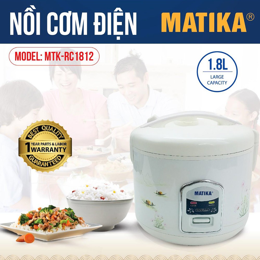 Nồi Cơm Điện Matika MTK-RC1812 Công Suất 700W Dung Tích 1,8L, Bảo Hành 12 Tháng