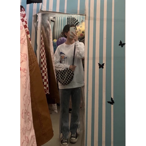 Túi xách lông hình trái tim, túi cắp nách y2k hoạ tiết caro checker board kèm xích